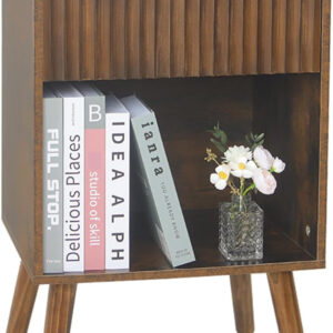 Mid Century Modern Nightstand, Wood Bedside Table with Drawer and Opening Storage, End Table Living Room Fluted Night Stand with Solid Wood Legs for Bedroom (Rustic Brown)