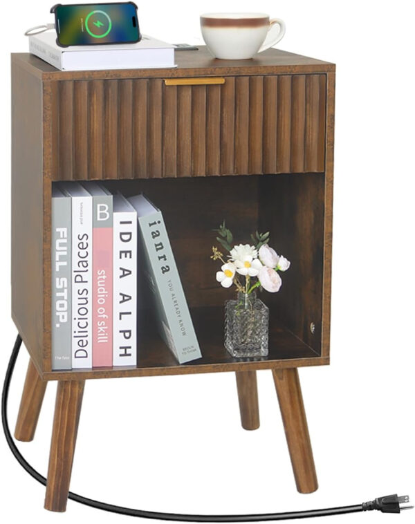 Mid Century Modern Nightstand, Wood Bedside Table with Drawer and Opening Storage, End Table Living Room Fluted Night Stand with Solid Wood Legs for Bedroom (Rustic Brown)