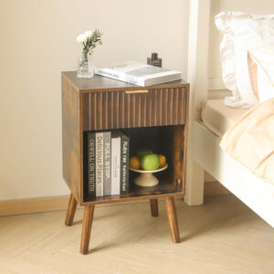 Mid Century Modern Nightstand, Wood Bedside Table with Drawer and Opening Storage, End Table Living Room Fluted Night Stand with Solid Wood Legs for Bedroom (Rustic Brown)