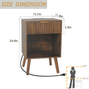 Mid Century Modern Nightstand, Wood Bedside Table with Drawer and Opening Storage, End Table Living Room Fluted Night Stand with Solid Wood Legs for Bedroom (Rustic Brown)