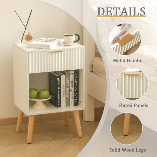 Mid Century Modern Nightstand, Wood Bedside Table with Drawer and Opening Storage, End Table Living Room Fluted Night Stand with Solid Wood Legs for Bedroom (Rustic Brown)