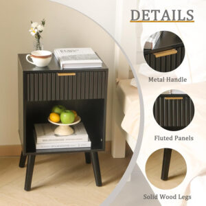 Mid Century Modern Nightstand, Wood Bedside Table with Drawer and Opening Storage, End Table Living Room Fluted Night Stand with Solid Wood Legs for Bedroom (Rustic Brown)