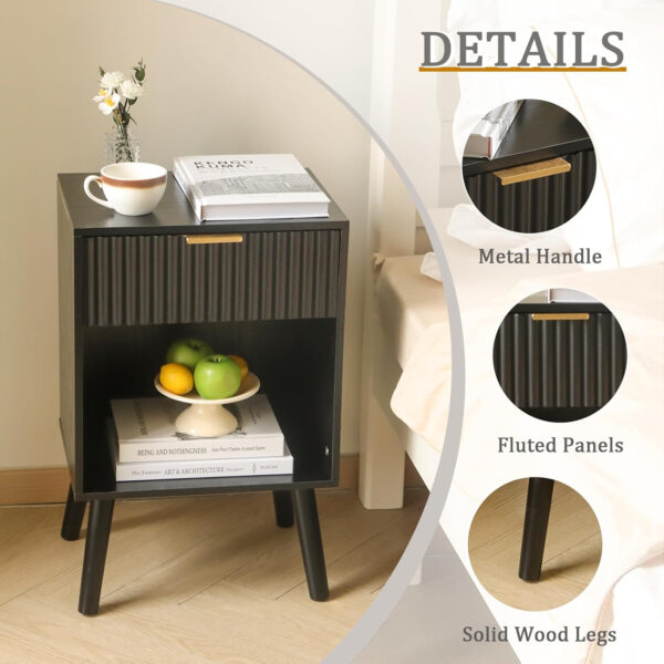 Mid Century Modern Nightstand, Wood Bedside Table with Drawer and Opening Storage, End Table Living Room Fluted Night Stand with Solid Wood Legs for Bedroom (Rustic Brown)