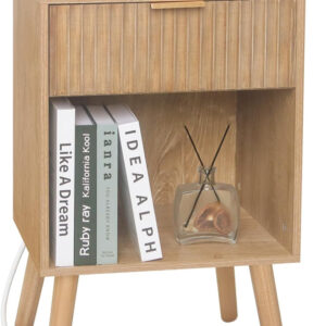 Mid Century Modern Nightstand, Wood Bedside Table with Drawer and Opening Storage, End Table Living Room Fluted Night Stand with Solid Wood Legs for Bedroom (Rustic Brown)