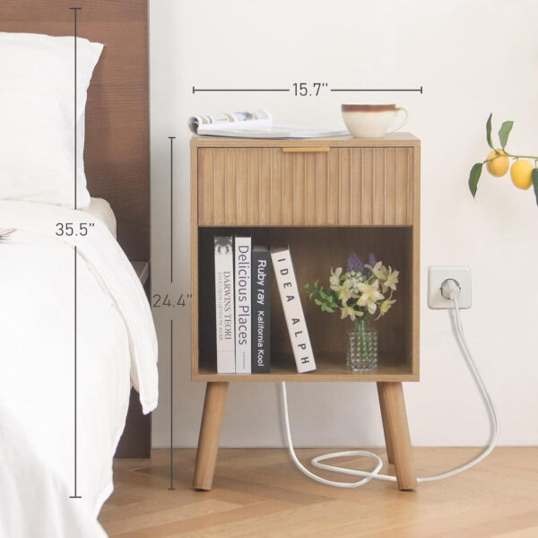 Mid Century Modern Nightstand, Wood Bedside Table with Drawer and Opening Storage, End Table Living Room Fluted Night Stand with Solid Wood Legs for Bedroom (Rustic Brown)