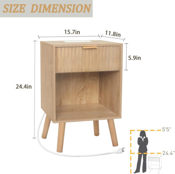 Mid Century Modern Nightstand, Wood Bedside Table with Drawer and Opening Storage, End Table Living Room Fluted Night Stand with Solid Wood Legs for Bedroom (Rustic Brown)