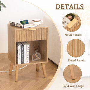 Mid Century Modern Nightstand, Wood Bedside Table with Drawer and Opening Storage, End Table Living Room Fluted Night Stand with Solid Wood Legs for Bedroom (Rustic Brown)
