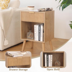 Mid Century Modern Nightstand, Wood Bedside Table with Drawer and Opening Storage, End Table Living Room Fluted Night Stand with Solid Wood Legs for Bedroom (Rustic Brown)