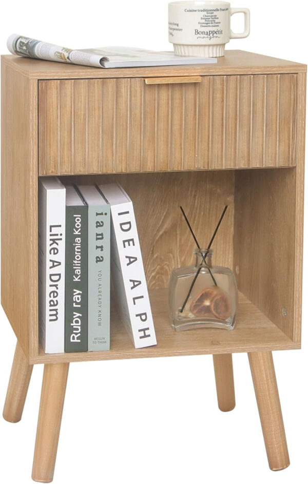 Mid Century Modern Nightstand, Wood Bedside Table with Drawer and Opening Storage, End Table Living Room Fluted Night Stand with Solid Wood Legs for Bedroom (Rustic Brown)