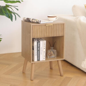 Mid Century Modern Nightstand, Wood Bedside Table with Drawer and Opening Storage, End Table Living Room Fluted Night Stand with Solid Wood Legs for Bedroom (Rustic Brown)