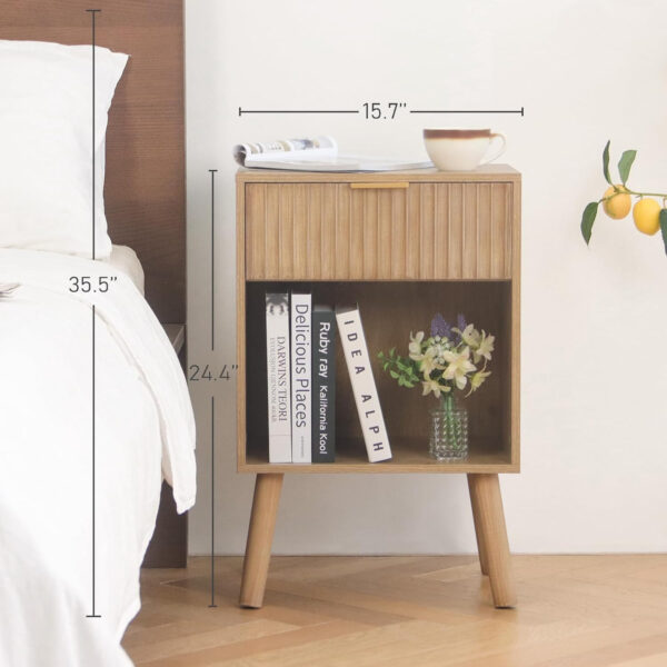 Mid Century Modern Nightstand, Wood Bedside Table with Drawer and Opening Storage, End Table Living Room Fluted Night Stand with Solid Wood Legs for Bedroom (Rustic Brown)