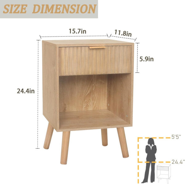 Mid Century Modern Nightstand, Wood Bedside Table with Drawer and Opening Storage, End Table Living Room Fluted Night Stand with Solid Wood Legs for Bedroom (Rustic Brown)