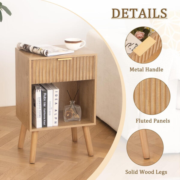 Mid Century Modern Nightstand, Wood Bedside Table with Drawer and Opening Storage, End Table Living Room Fluted Night Stand with Solid Wood Legs for Bedroom (Rustic Brown)