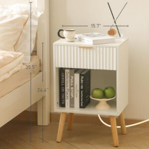 Mid Century Modern Nightstand, Wood Bedside Table with Drawer and Opening Storage, End Table Living Room Fluted Night Stand with Solid Wood Legs for Bedroom (Rustic Brown)