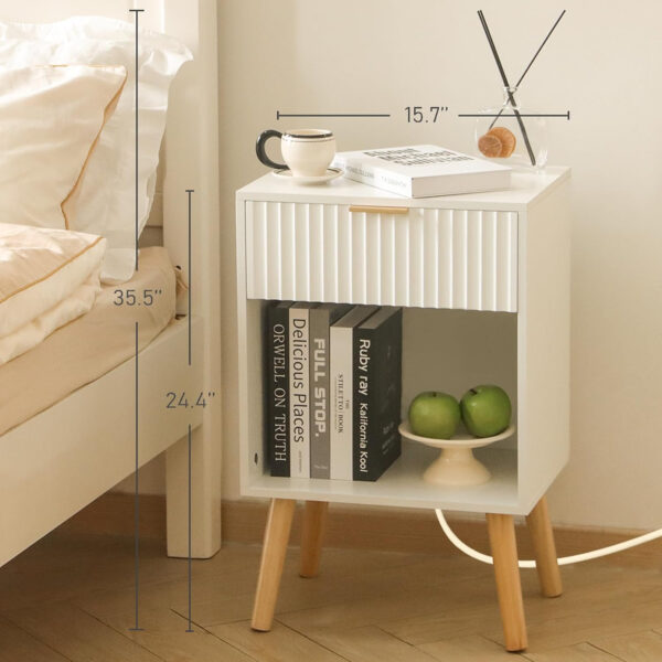 Mid Century Modern Nightstand, Wood Bedside Table with Drawer and Opening Storage, End Table Living Room Fluted Night Stand with Solid Wood Legs for Bedroom (Rustic Brown)