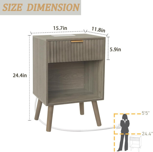 Mid Century Modern Nightstand, Wood Bedside Table with Drawer and Opening Storage, End Table Living Room Fluted Night Stand with Solid Wood Legs for Bedroom (Rustic Brown)