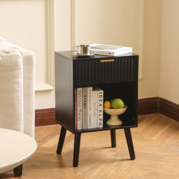 Mid Century Modern Nightstand, Wood Bedside Table with Drawer and Opening Storage, End Table Living Room Fluted Night Stand with Solid Wood Legs for Bedroom (Rustic Brown)