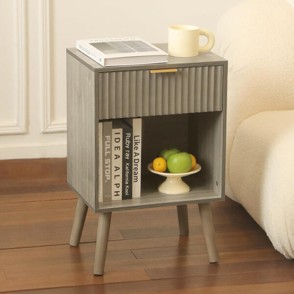 Mid Century Modern Nightstand, Wood Bedside Table with Drawer and Opening Storage, End Table Living Room Fluted Night Stand with Solid Wood Legs for Bedroom (Rustic Brown)