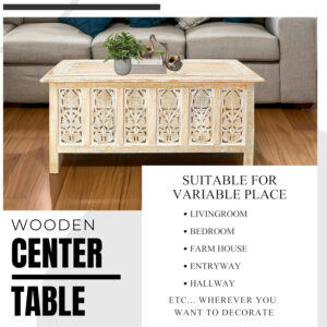 The Wooden Town Rectangular Coffee Table – 36x18 Inch White Wash Finish | Modern Wooden Center Table for Living Room | Vintage Look Side Table for Magazines, Books & Plants