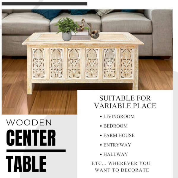 The Wooden Town Rectangular Coffee Table – 36x18 Inch White Wash Finish | Modern Wooden Center Table for Living Room | Vintage Look Side Table for Magazines, Books & Plants