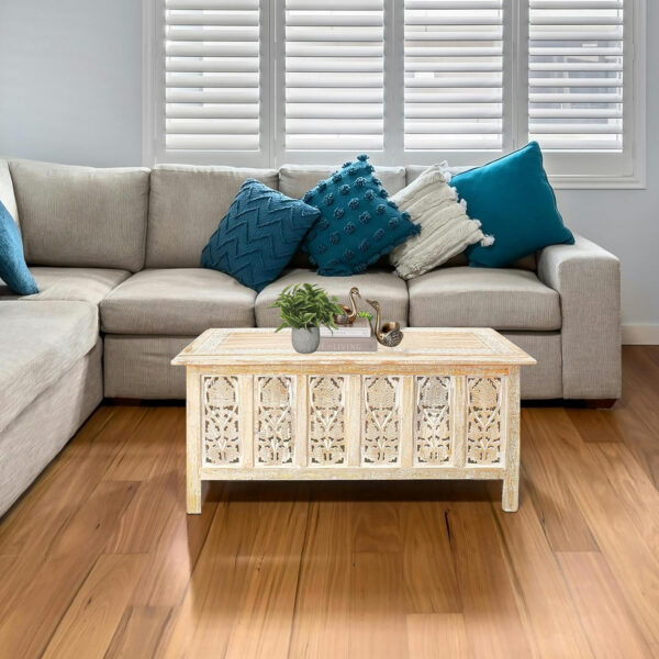 The Wooden Town Rectangular Coffee Table – 36x18 Inch White Wash Finish | Modern Wooden Center Table for Living Room | Vintage Look Side Table for Magazines, Books & Plants