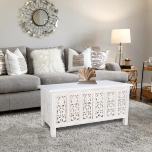 The Wooden Town Rectangular Coffee Table – 36x18 Inch White Wash Finish | Modern Wooden Center Table for Living Room | Vintage Look Side Table for Magazines, Books & Plants