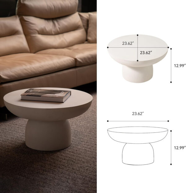 Modern 23.62" Round Coffee Table with Glass Fiber Cylindrical Base, Drum Center Table, Circular Magazine Table for Living Room, Apartment, Office, Concrete White