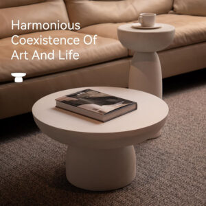Modern 23.62" Round Coffee Table with Glass Fiber Cylindrical Base, Drum Center Table, Circular Magazine Table for Living Room, Apartment, Office, Concrete White