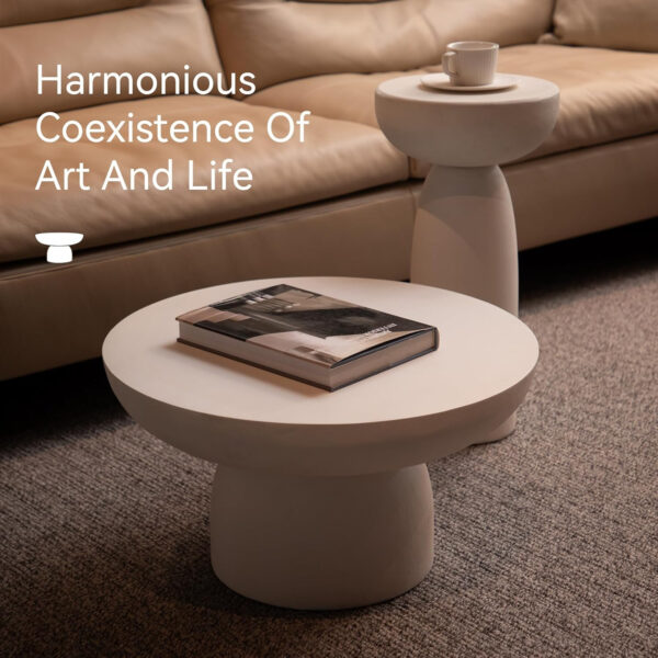 Modern 23.62" Round Coffee Table with Glass Fiber Cylindrical Base, Drum Center Table, Circular Magazine Table for Living Room, Apartment, Office, Concrete White