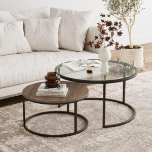 6887cce9727ad5aba594dfc0a2eda4327d10b17dd0f370eb7771c.jpg Nathan James Kendall Round Modern Nesting Coffee Set of 2, Stacking Living Room Accent Tables, Light Brown