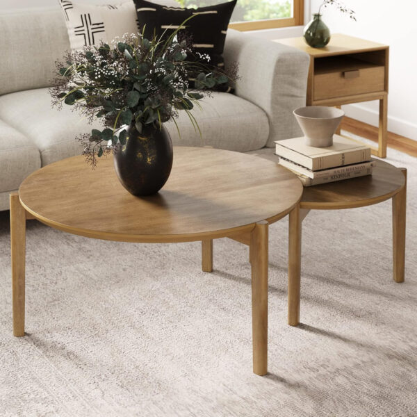 6887ccf4815aa0f773a6ccbf49c63dbc8e8348a9d331517fab815.jpg Nathan James Kendall Round Modern Nesting Coffee Set of 2, Stacking Living Room Accent Tables, Light Brown