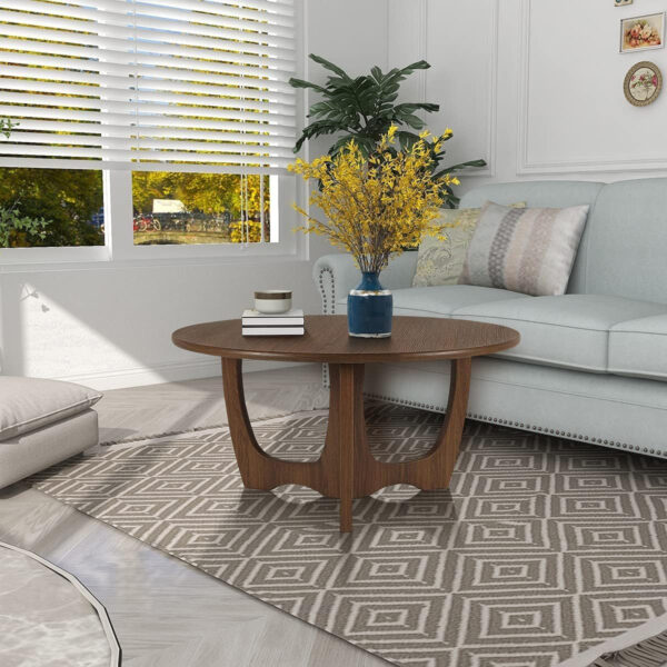 FINECASA Wooden Round Coffee Table, Curved Leg, Furniture, Accent Couch, Coffee Table for Livingroom, Round Wood Table, 36 x 18 Inches, Natural