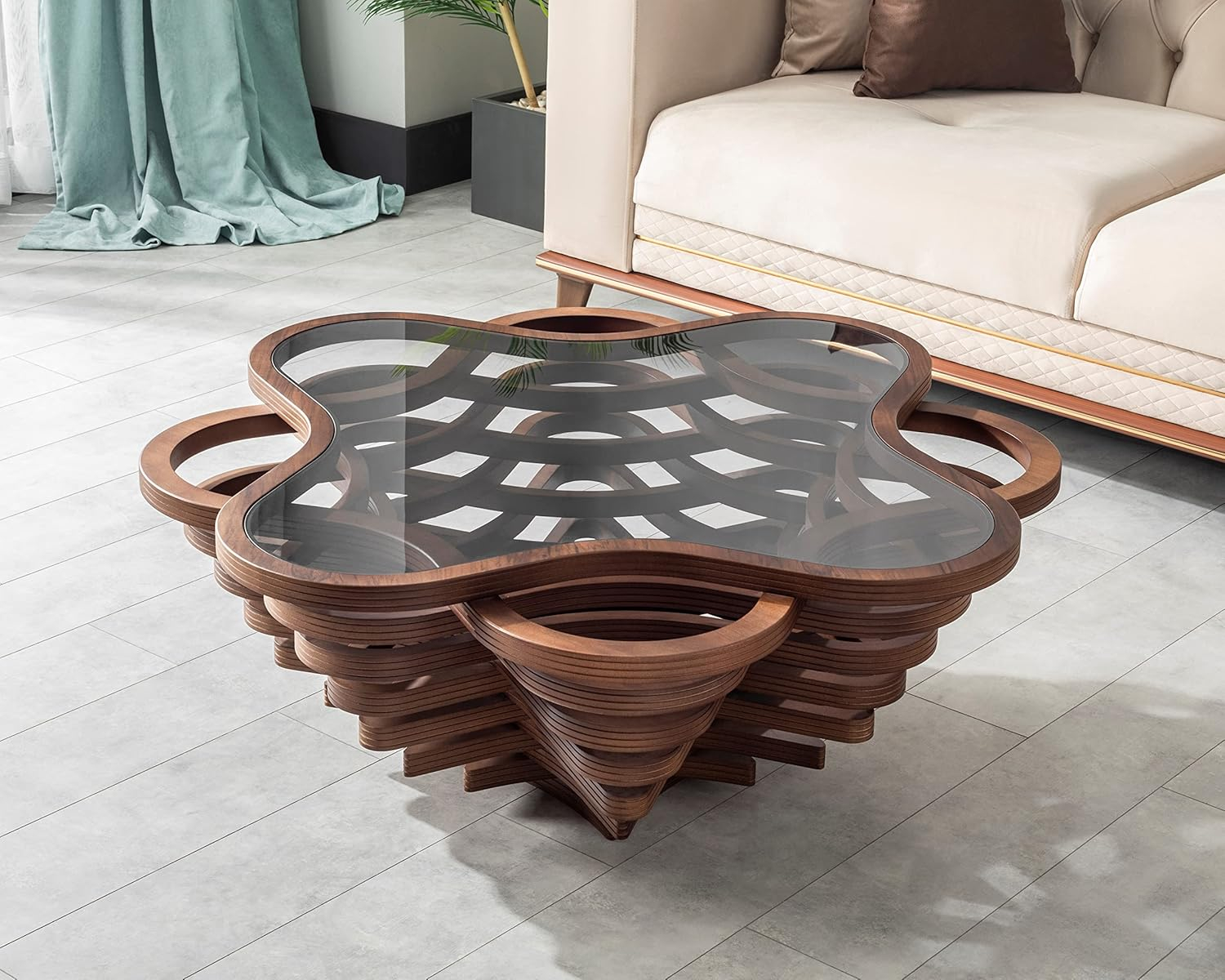 by Papella Design, Cloud Coffee Table, Modern Decorative Wooden Center Table, Glass Top Living Room & Reception Coffee Table, Natural Walnut Veneer, Rustic & Contemporary Style, for Home & Office