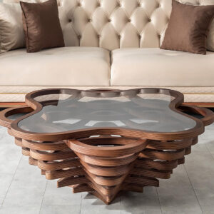 6887cdb608330096f38e183b8f3cbfaadcbb5741e2556ccc69ce6.jpg by Papella Design, Cloud Coffee Table, Modern Decorative Wooden Center Table, Glass Top Living Room & Reception Coffee Table, Natural Walnut Veneer, Rustic & Contemporary Style, for Home & Office