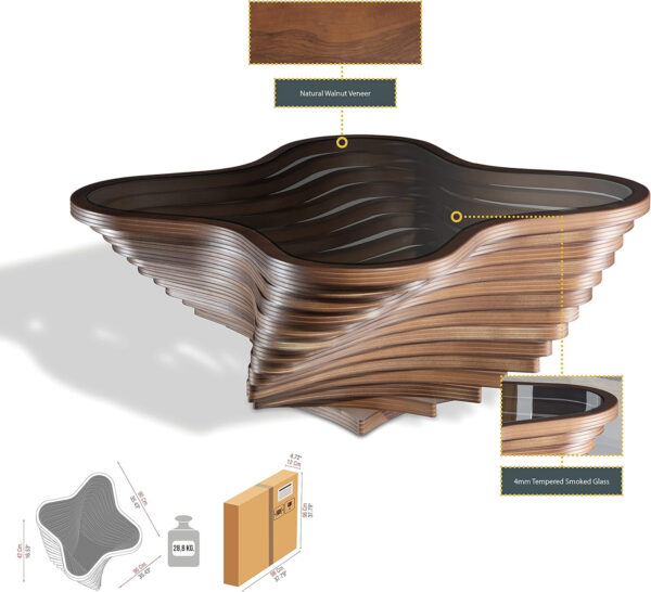 6887cdc4a4f8e01cc24d31e80d7db9feca8fc4a9c30c5fe0cbcb4.jpg by Papella Design, Cloud Coffee Table, Modern Decorative Wooden Center Table, Glass Top Living Room & Reception Coffee Table, Natural Walnut Veneer, Rustic & Contemporary Style, for Home & Office