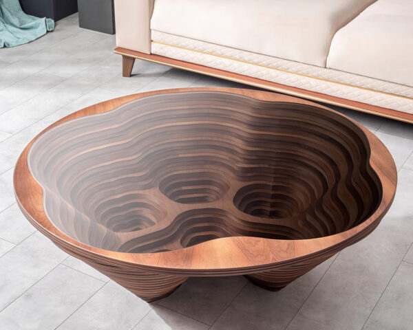 6887cdcb6e9c5e077c29a5faafea97ab57465b2fb4b614bf2c6e3.jpg by Papella Design, Cloud Coffee Table, Modern Decorative Wooden Center Table, Glass Top Living Room & Reception Coffee Table, Natural Walnut Veneer, Rustic & Contemporary Style, for Home & Office