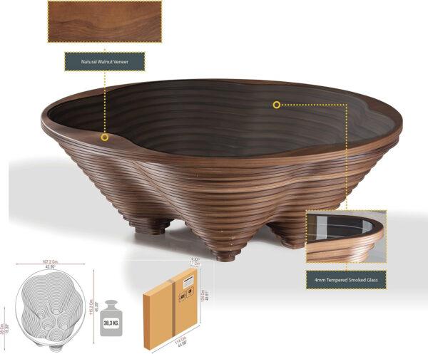 6887cdcf7d61b0cd9dbeb35d4133a9672bfa8f1813eabc968b3ee.jpg by Papella Design, Cloud Coffee Table, Modern Decorative Wooden Center Table, Glass Top Living Room & Reception Coffee Table, Natural Walnut Veneer, Rustic & Contemporary Style, for Home & Office