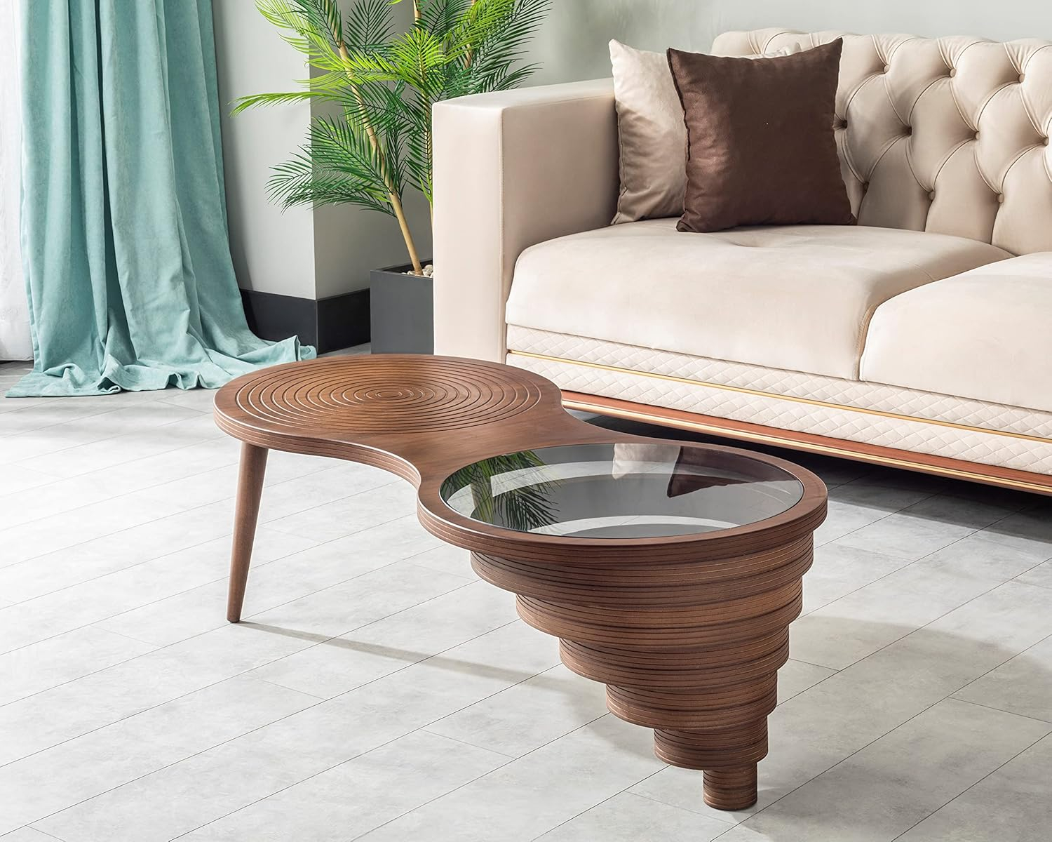 by Papella Design, Natural Walnut Veener Coffee Tables for Living Room, Rustic Table, Mesa De Centro para Sala, Center Table, Glass Table top, Walnut Color, (Relax)