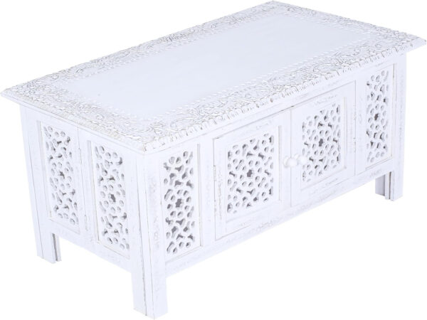 6887ce601b5653beaaf27c380e6071c084f1a13f52b2e04851a39.jpg Hand-Carved Wooden Coffee Table – 36” x 18” Rectangular Mango Wood Center Table with Storage, White Antique Finish, Living Room & Accent Table