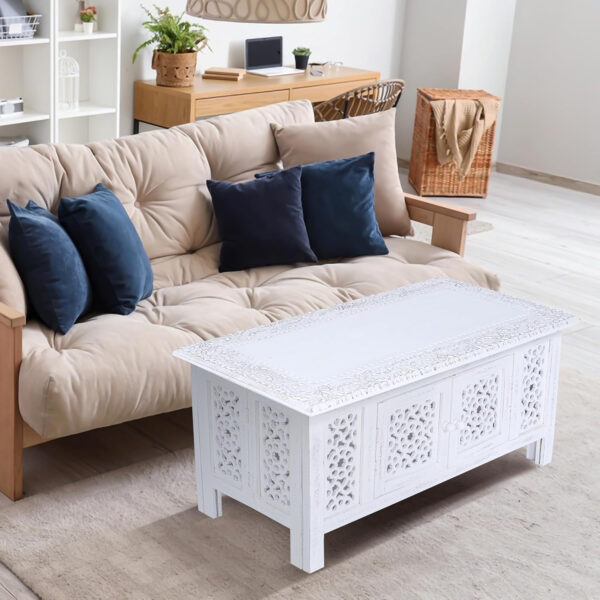 6887ce6190a94812a5fd163ed0b8676fa13ac5babfada91c9d842.jpg Hand-Carved Wooden Coffee Table – 36” x 18” Rectangular Mango Wood Center Table with Storage, White Antique Finish, Living Room & Accent Table