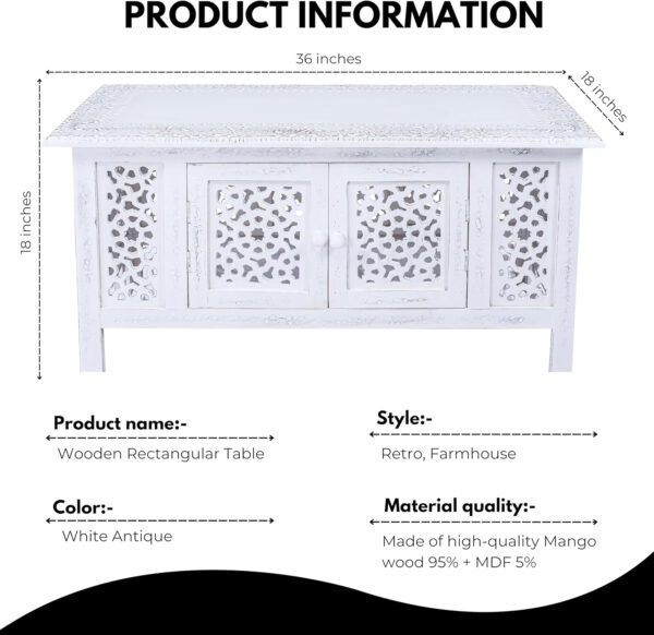 6887ce62d8288ed3b03fd199fccff479c43194784b644f779fc31.jpg Hand-Carved Wooden Coffee Table – 36” x 18” Rectangular Mango Wood Center Table with Storage, White Antique Finish, Living Room & Accent Table