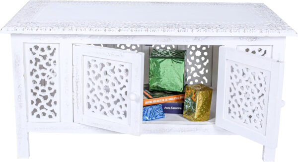 6887ce65861e7262828a4b76bdadf53532e2c89c29804c35a24dc.jpg Hand-Carved Wooden Coffee Table – 36” x 18” Rectangular Mango Wood Center Table with Storage, White Antique Finish, Living Room & Accent Table