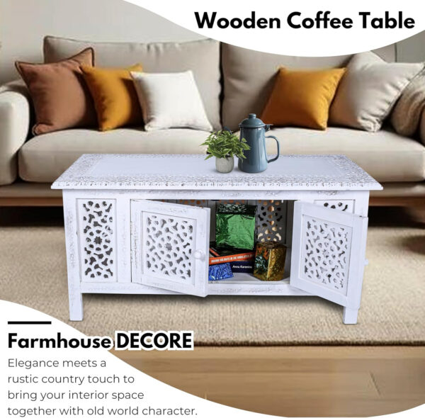 6887ce683280b23a2a281dc9cb44e725531dd27d8981c117e0fb9.jpg Hand-Carved Wooden Coffee Table – 36” x 18” Rectangular Mango Wood Center Table with Storage, White Antique Finish, Living Room & Accent Table