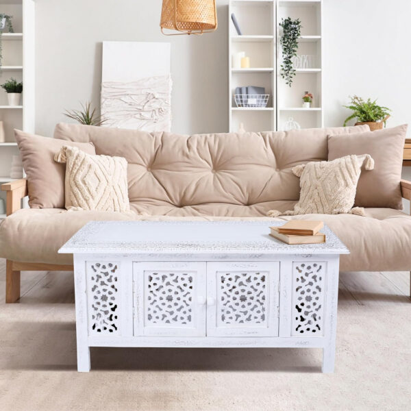 6887ce69bcff99874f31f75694a1bee2ec6b5ec07db2325bb7a26.jpg Hand-Carved Wooden Coffee Table – 36” x 18” Rectangular Mango Wood Center Table with Storage, White Antique Finish, Living Room & Accent Table