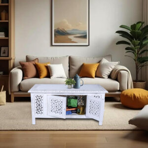 6887ce6b11aa91a0d22a83fdd259b1984512facc43d39505b902e.jpg Hand-Carved Wooden Coffee Table – 36” x 18” Rectangular Mango Wood Center Table with Storage, White Antique Finish, Living Room & Accent Table