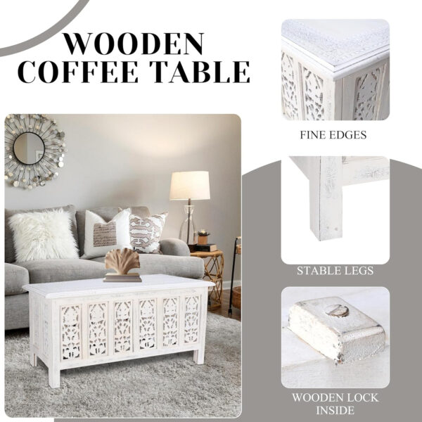 The Wooden Town Antique White Mango Wood Coffee Table - 36"x18" Rectangular Living Room Center Table, Rustic Wood Accent Table for Stylish & Durable Home Décor