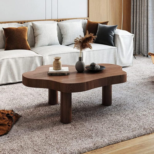 MIINO Walnut Modern Coffee Table with Triple Base, 31.5" L x 22" W x 16" H Mid-Century Modern Short Cocktail Table Center Table for Living Room, Patio