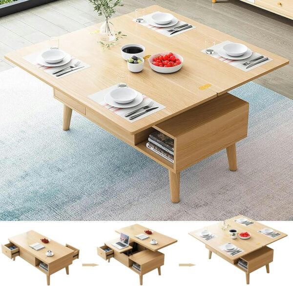 Wood Coffee Table with Storage, Lift Top Center Table for Living Room - Modern 3 in 1 Multi-Function Coffee Table with Hidden Compartment - Converts to Dining Table for Reception - End Tables