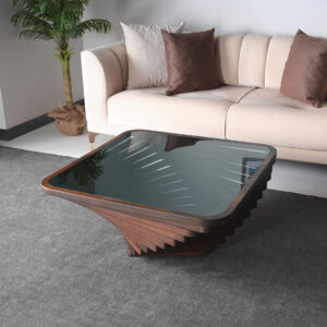 6887d0898d582f29adb72899f2517790fd3f74154038ebef5db18.jpg Papella Duru Model Sculptural Square Coffee Table – A Modern Art Piece with Architectural Precision, Layered Walnut Symmetry, and a Reflective Black Glass Crown for Timeless Prestige