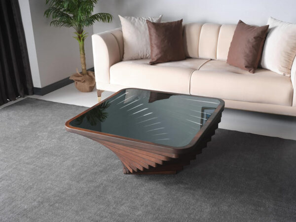 6887d0898d582f29adb72899f2517790fd3f74154038ebef5db18.jpg Papella Duru Model Sculptural Square Coffee Table – A Modern Art Piece with Architectural Precision, Layered Walnut Symmetry, and a Reflective Black Glass Crown for Timeless Prestige